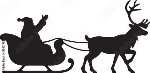 Black silhouette of Santa Claus in a sleigh pulled by a reindeer Christmas holiday