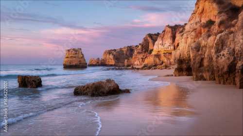 Colorful sunset over rugged cliffs and rocky beach along the shoreline in Algarve region, Portugal Generative AI