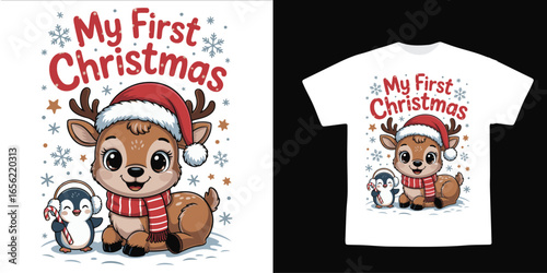 My First Christmas Typography Design with Santa Hat and Snowflakes for Baby Holiday T-Shirt	