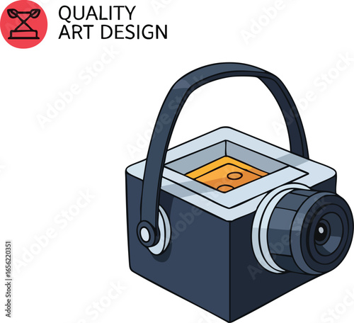 Retro inspired tech illustration featuring a unique device, resembling a vintage camera or miniature projector, with an intriguing internal liquid chamber, perfect for design.