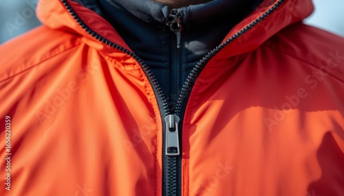 Zipper closeup on winter jacket in bright orange, providing waterproof protection with closed zipper and insulated hood, shielding wearer during cold weather outdoor pursuits