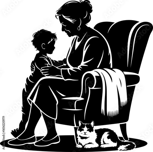 A heartwarming silhouette of a grandmother seated in a classic high-back armchair