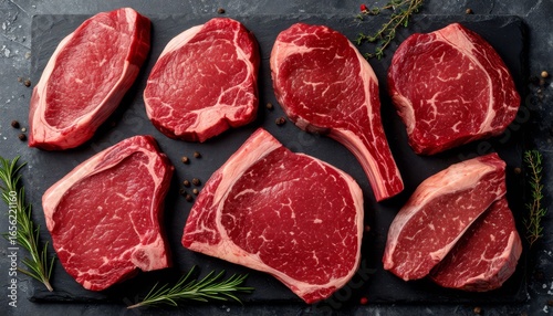 Raw beef steaks ribeye of different shapes and types, new york strip, tomahawk displayed on black slate, accompanied by fresh rosemary, thyme, and scattered peppercorns on black background
