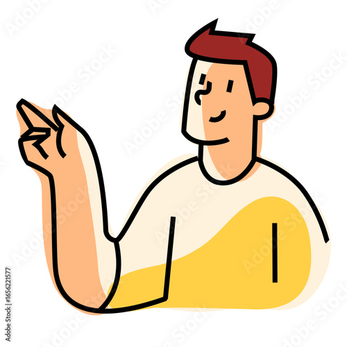 Illustrazione flat di un giovane uomo sorridente che indica con la mano – avatar minimal moderno ideale per presentazioni digitali, infografiche, call-to-action e onboarding.