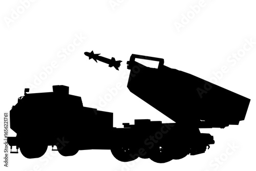 A black and white silhouette of a military missile launcher vehicle stands out against a clean white background. The detailed outline highlights the weapon system and rugged design.