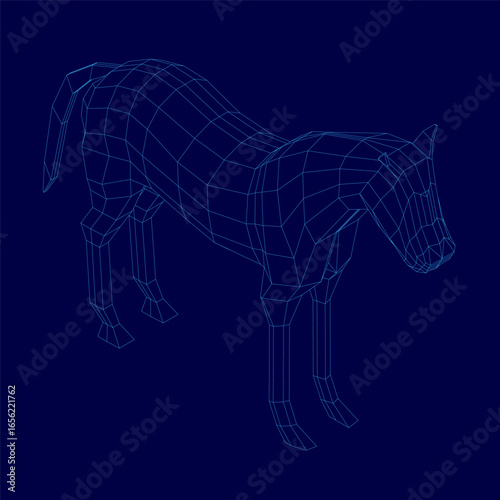 A low poly wireframe horse composed of geometric lines and shapes forms a detailed 3D model on a solid blue background. The intricate design highlights the animal's anatomy with a modern digital art.