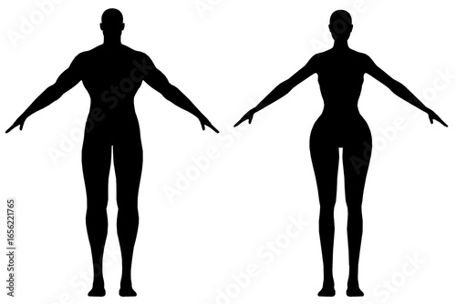 A black and white silhouette of a man and woman with arms outstretched, standing against a clean white background. The minimalist design highlights body outlines with strong contrast.