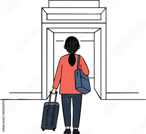 Woman with luggage entering a building, travel, journey, departure, arrival