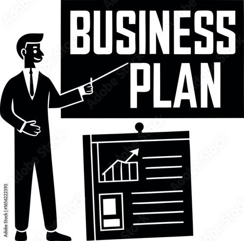 Business Plan Presentation with Man, Graphs and Boards in Black and White