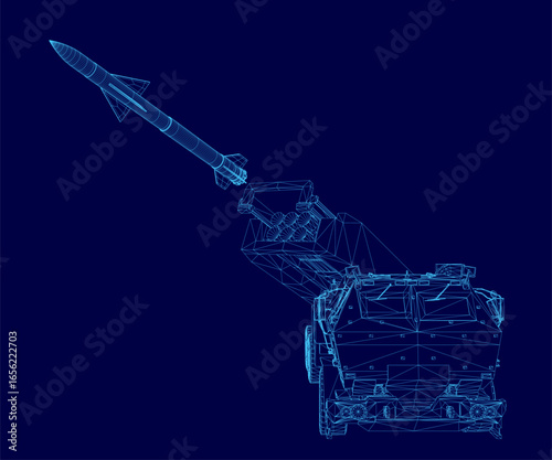 A detailed blueprint of a military missile with a pointed nose and tail, displayed in wireframe style. The white missile contrasts sharply against the blue background.
