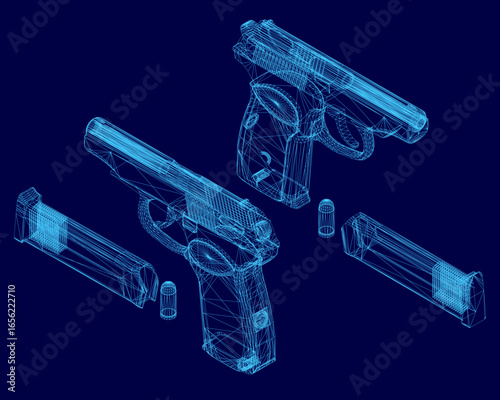 3D wireframe model of a pistol and bullets on a blue background, showcasing detailed blueprint design with precise angles and components. The handgun features a clear structural layout with visible.