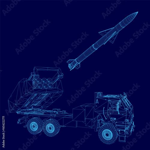 A military vehicle blueprint features a missile launcher in wireframe design on a dark blue background. The detailed schematic highlights mechanical components and structural framework.