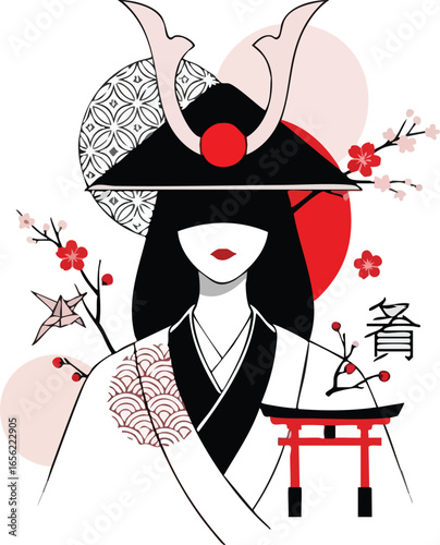 Elegant vector illustration of a mysterious female samurai warrior surrounded by traditional Japanese cultural symbols of honor.