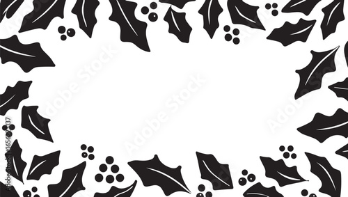 Black and white holly leaves and berries border design frame