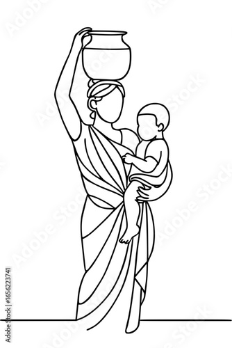 Mother carrying child and water pot, symbolizing strength, sustenance, and daily life