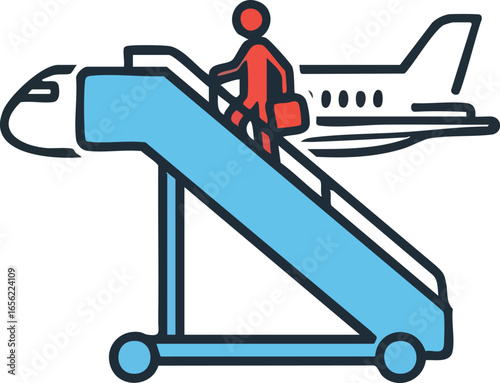 Illustration of a person with a suitcase boarding an airplane via a mobile boarding stairs