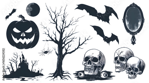 Halloween spooky elements collection with jack-o-lantern, bats, skulls, dead tree, full moon, and creepy balloon, perfect for Halloween decorations