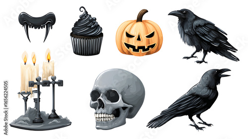 Halloween symbols collection including vampire fangs, black cupcake, carved pumpkin, black candles, skull, and crows, perfect for spooky designs