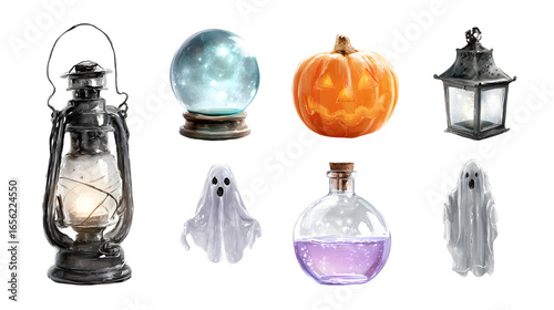 Halloween themed objects including lanterns, glowing pumpkin, ghost figurines, crystal ball and potion bottle, perfect for spooky decorations