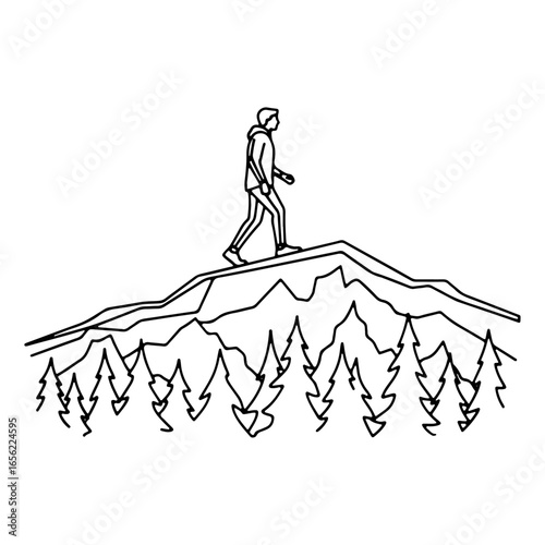 A straight line illustration of a hiker on a mountain; perfect for travel postcards, banners, or t-shirt prints.