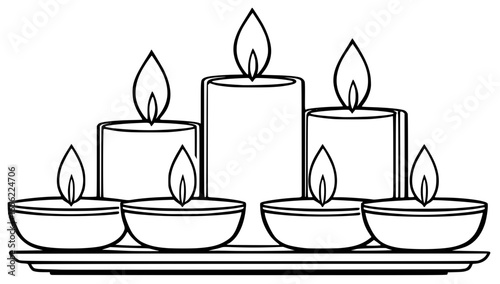 Decorative candle arrangement featuring various sizes of candles with flames, placed on a tray, creating a warm and inviting atmosphere for relaxation and ambiance enhancement