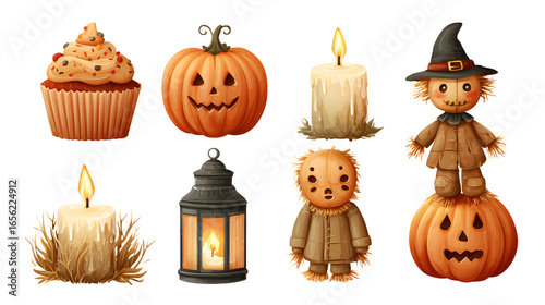 Set of Halloween icons including pumpkin jack-o-lantern, cupcake, candles, lantern, and scarecrow decoration, perfect for holiday seasonal design