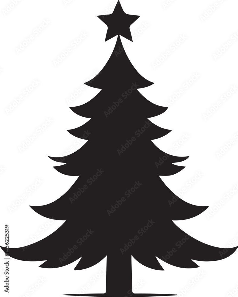 Obraz premium Black silhouette of a Christmas tree with a star on top on a white background vector