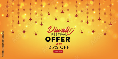 Happy Diwali - festival of lights yellow banner design with decorative Hanging Diya lamp