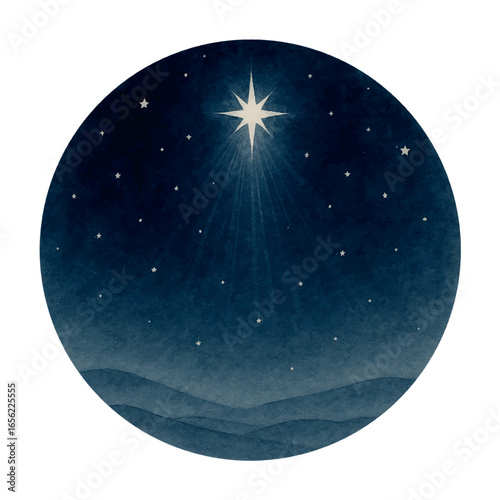 Vector Watercolor Bethlehem Star shining in the night sky. Christian Nativity Christmas art for cards, posters, church designs, and holiday decorations.