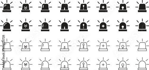 Emergency siren icons set in flat and line styles. Alert lamp symbols collection and warning group. Ambulance, police, fire urgency, alarm light, hazard attention, danger signal, and emergency beacon.