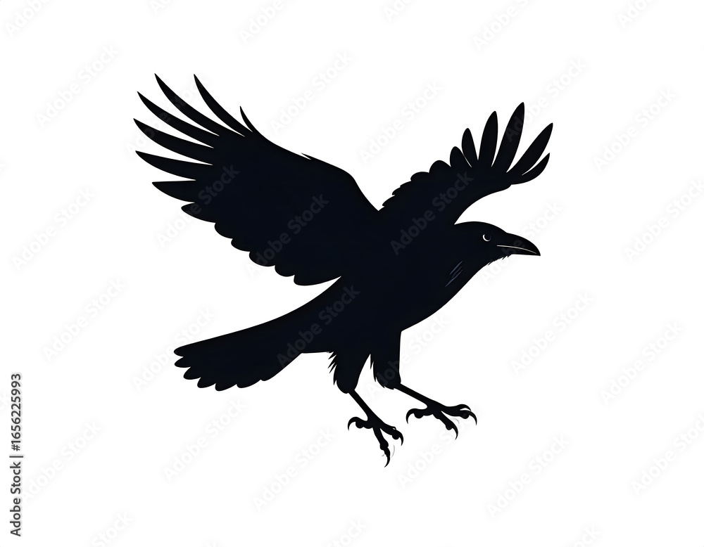 Fototapeta premium Silhouette of a crow in flight, wings spread wide, talons extended.