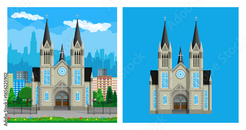 Catholic church building, gothic cathedral, temple with cross. Religion and belief. Christianity, holy place. Flat style vector illustration.