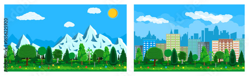Natural and urban landscape cartoon. Mountains and forest scenery with sun. City skyline with apartment building and green park.