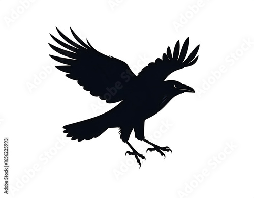 Silhouette of a crow in flight, wings spread wide, talons extended.