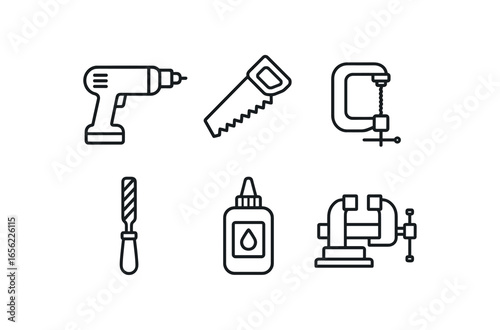 simple outline stroke icon items monoline icons style isolated on white background maker (tools): drill saw clamp file glue vise