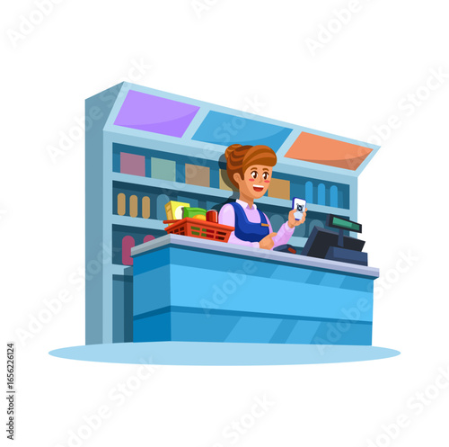 Convenience Store Cashier With Smartphone Cartoon Illustration Vector