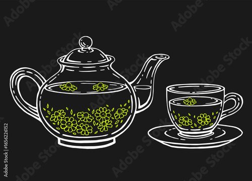 Tea set with healthy green tea, chamomile. Teapot and cup. Hand drawn vector illustration.