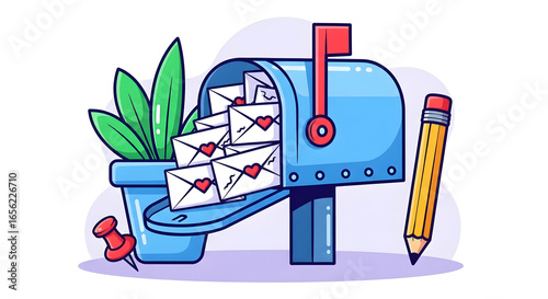 Mailbox full of heartfelt love letters overflowing with delightful correspondence, symbolizing deep personal connection and romantic communication, rendered in a charming illustrative style