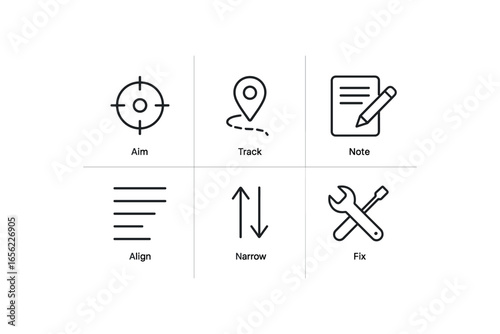 simple outline stroke icon items monoline icons style isolated on white background focus (actions): aim track note align narrow fix