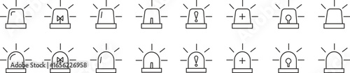 Emergency siren icons set in line styles. Alert lamp symbols collection and warning group. Ambulance, police, fire urgency, alarm light, hazard attention, danger signal, and emergency beacon.