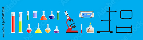 Collection of laboratory equipment, including test tubes, flasks, a microscope, and scales. Science and research concept.