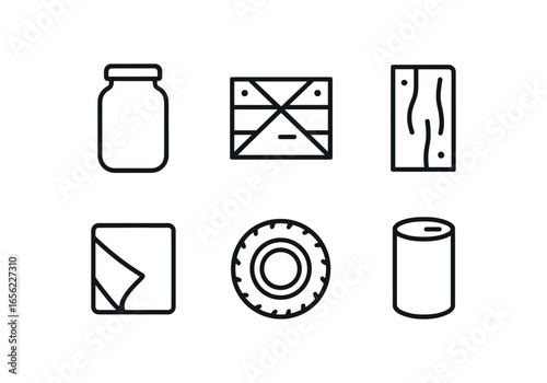 simple outline stroke icon items monoline icons style isolated on white background upcycling (materials): jar crate plank fabric tire can