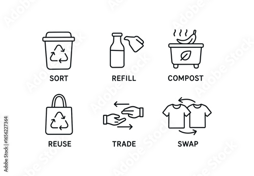 simple outline stroke icon items monoline icons style isolated on white background zero waste (actions): sort refill compost reuse trade swap
