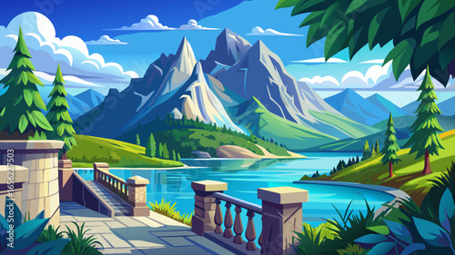 very beautiful Breathtaking Scenic View of Majestic Mountain and Tranquil Lake from Stone Balcony Amidst Lush Greenery and Clear Blue Sky, Ideal for Travel and Nature .