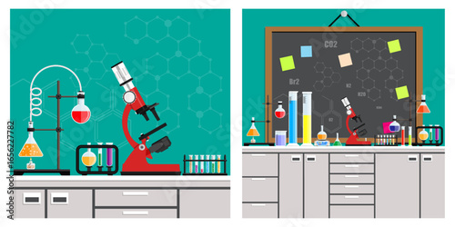 Science laboratory equipment set illustration. Chemical research in a chemical lab. Biochemistry experiment and education concept.