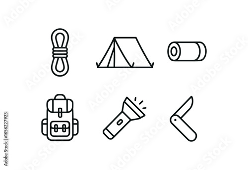 simple outline stroke icon items monoline icons style isolated on white background hiking (gear): rope tent mat bag light knife