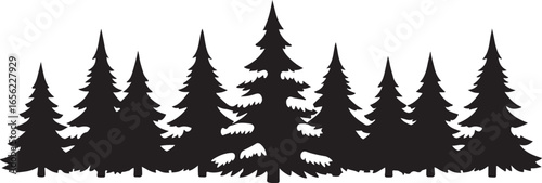 Black silhouette of a dense forest of pine trees with snow on branches black and white nature