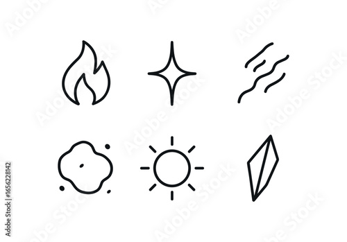 simple outline stroke icon items monoline icons style isolated on white background emberglass (fire): flame spark ash coal glow shard
