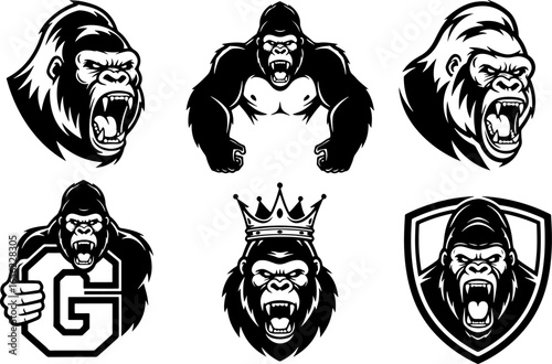 Set of Detailed Gorilla Mascot and Logo Illustrations