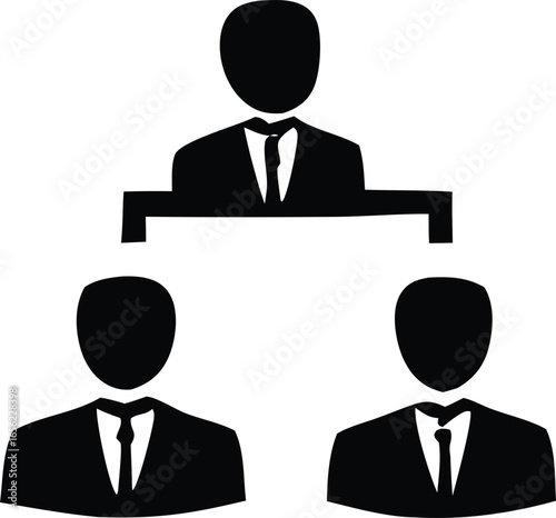 Simple black silhouette icon depicting a hierarchical business structure with a leader overseeing two subordinates